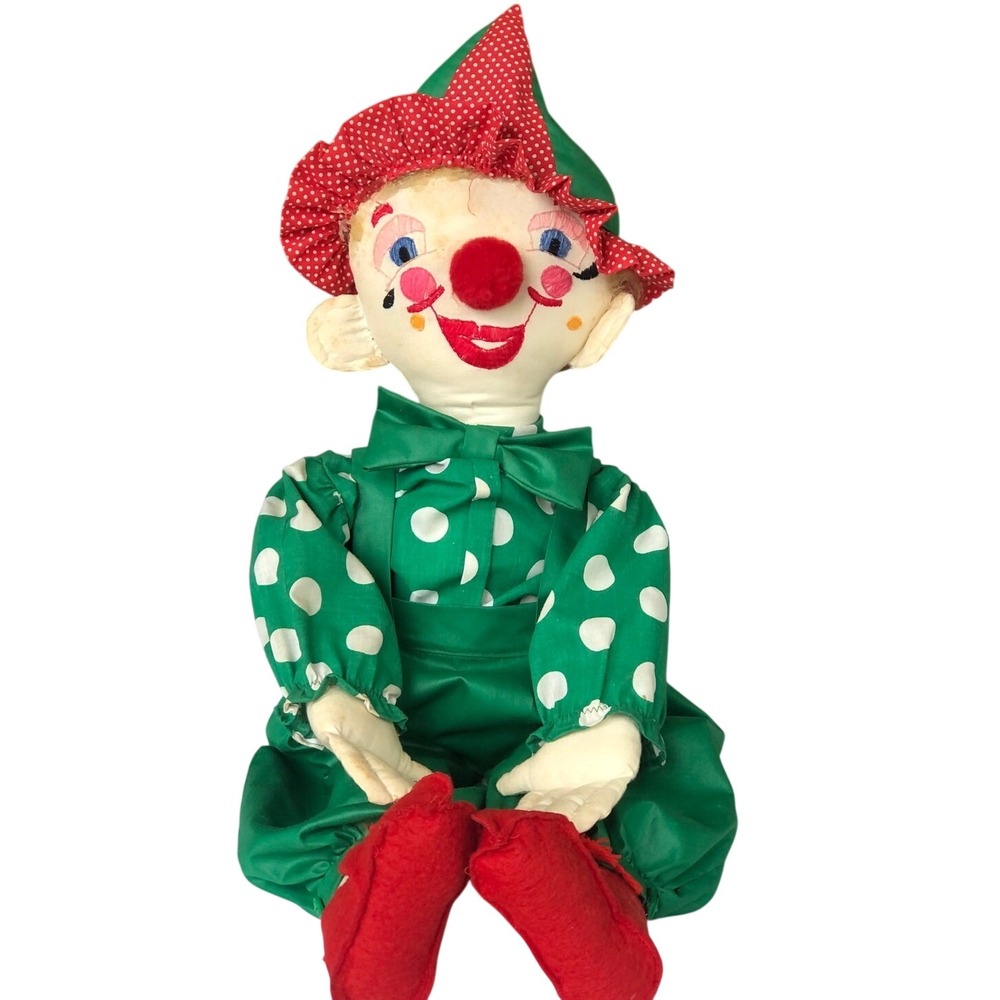 Vintage Handmade Smiling Clown Plush Embroidered Face Felt Shoes Large 30"